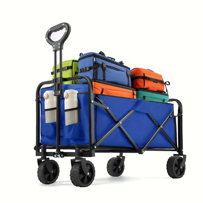 Heavy duty folding cart for outdoor use with colorful cooler bags and sturdy wheels.
