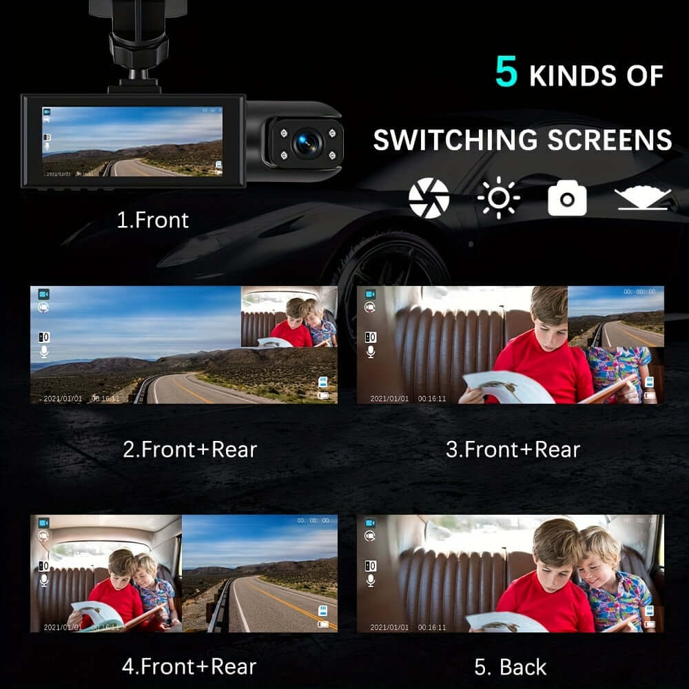 Dual camera dash cam displaying 5 types of screen switching options for front and rear views.