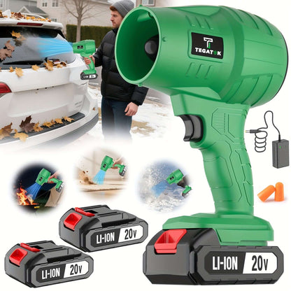TEGATOK rechargeable battery specifications with a green blower and two 20V Li-Ion batteries in a yard scene.