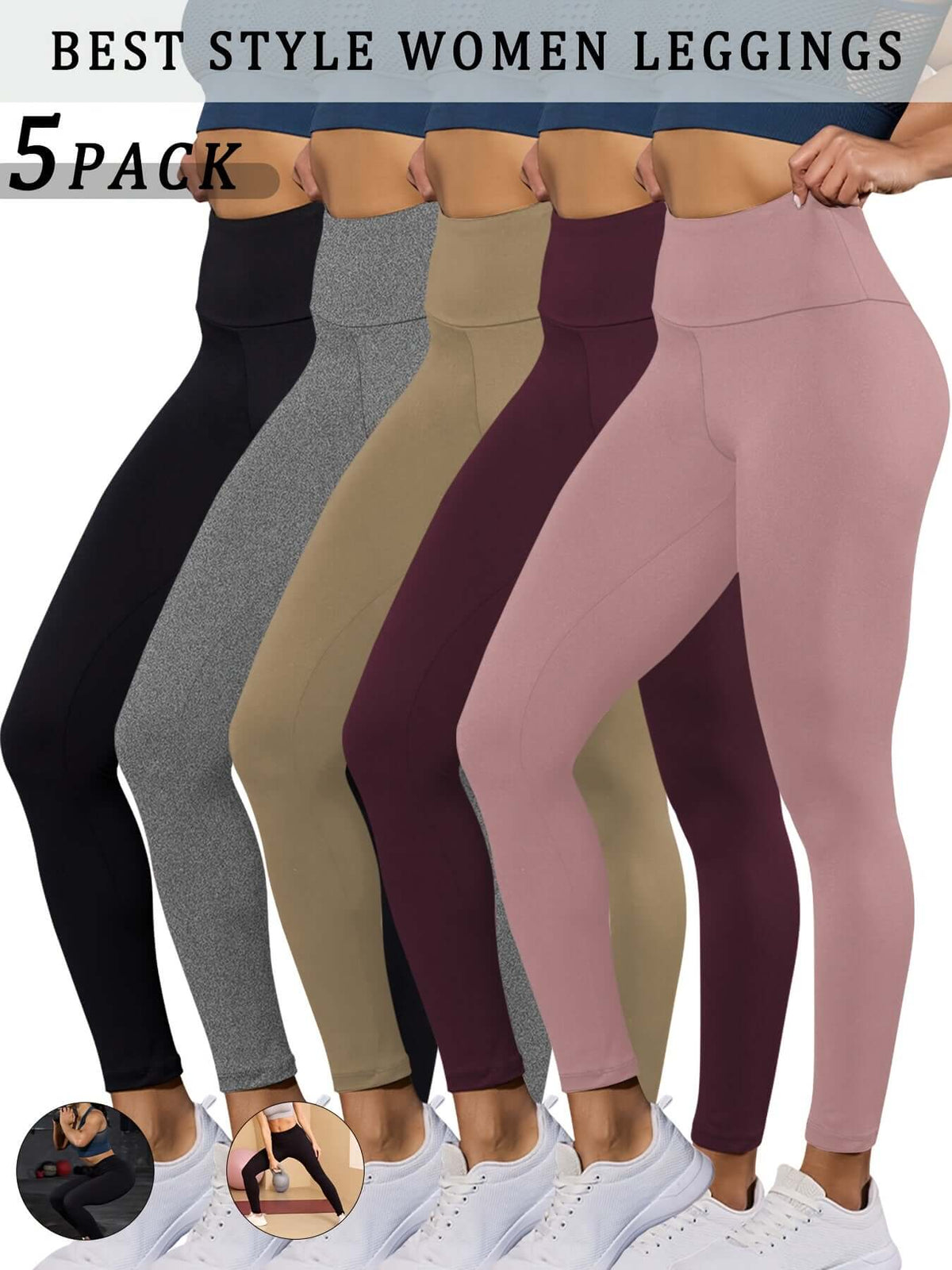 high waisted tummy control leggings in a 5-pack, featuring various colors and stylish designs for women.