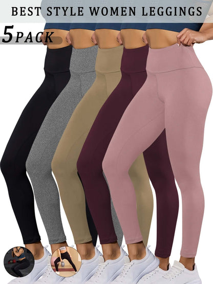 high waisted tummy control leggings in a 5-pack, featuring various colors and stylish designs for women.