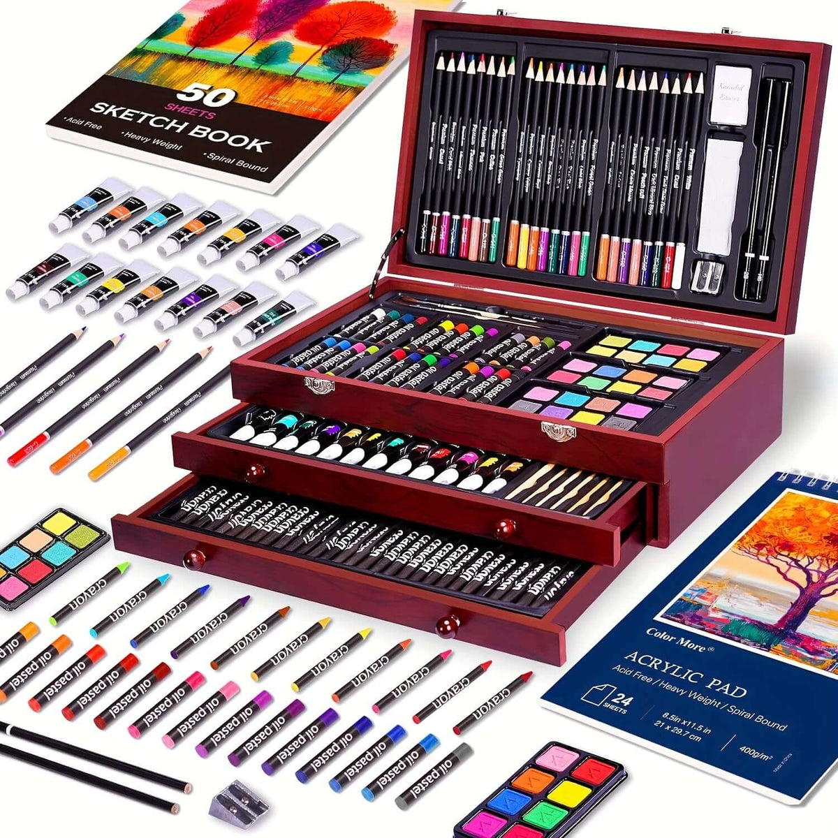 PASAMIC non-toxic art supplies displayed in a wooden box with various colors, sketchbooks, and accessories.