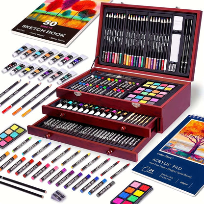 PASAMIC non-toxic art supplies displayed in a wooden box with various colors, sketchbooks, and accessories.