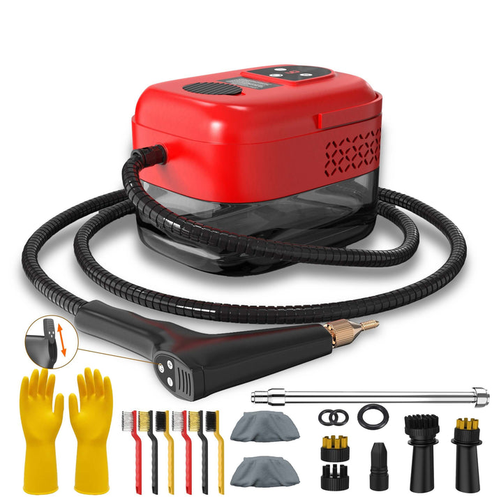 High pressure handheld steam cleaner with hose and various attachments for versatile cleaning.