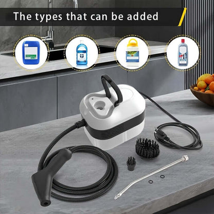 High pressure handheld steam cleaner with attachments and cleaning solutions on a kitchen counter.