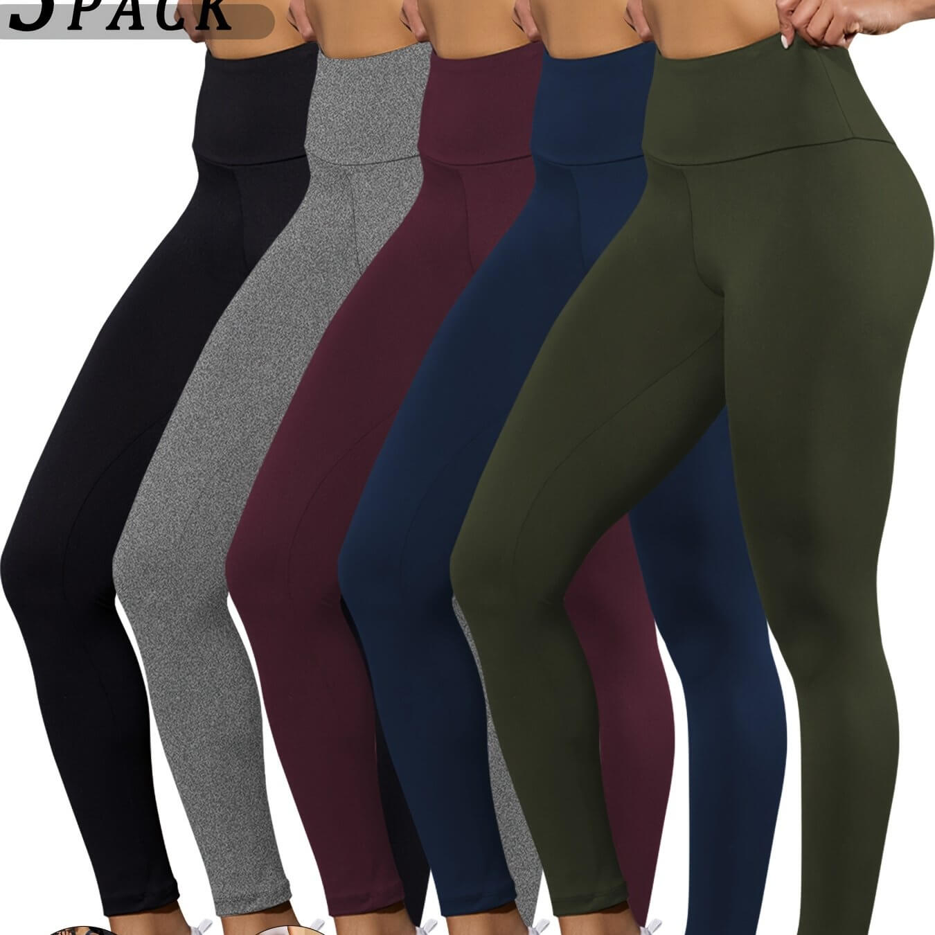 High waisted tummy control leggings in various colors displayed in a 3 pack offering style and comfort.