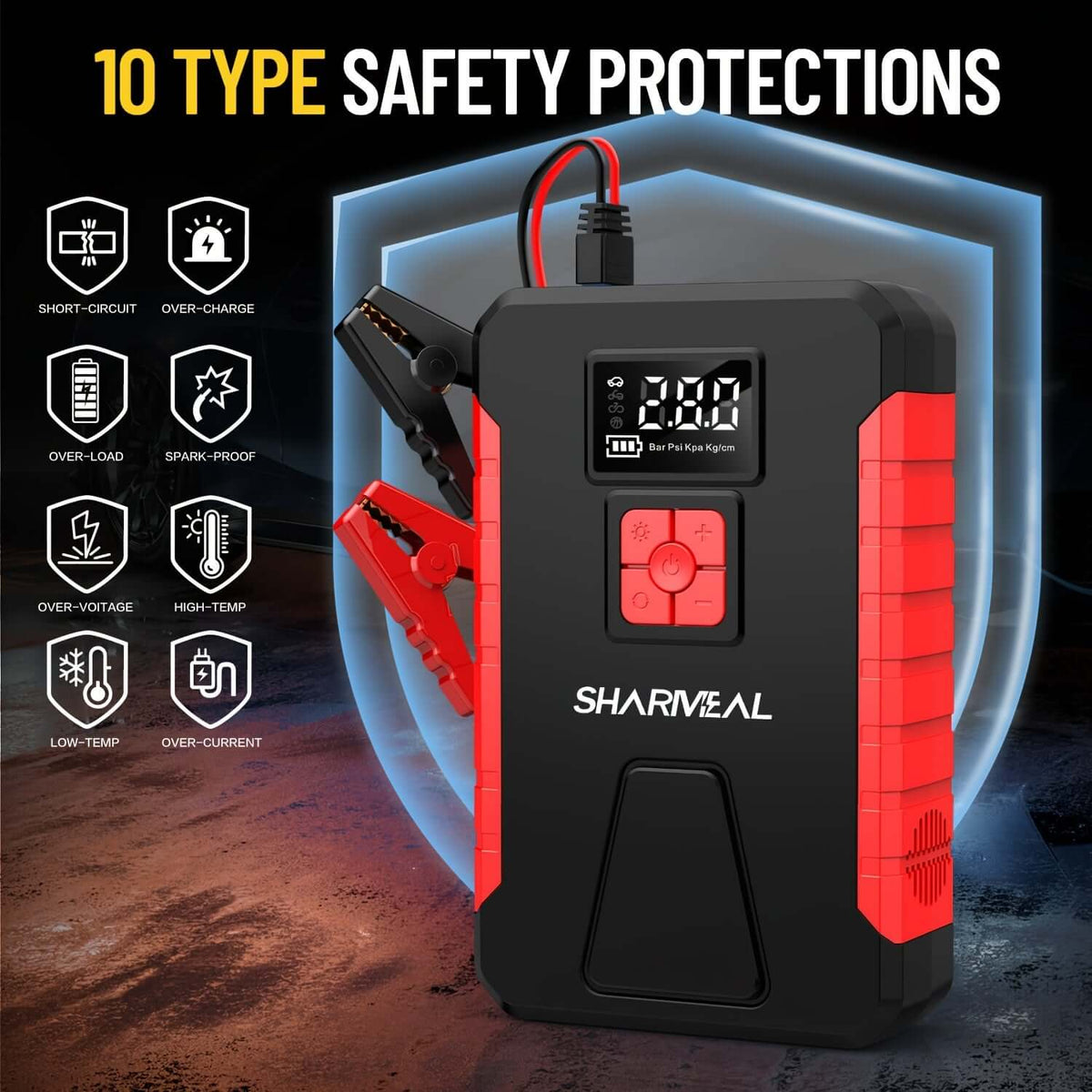 Portable car jump starter with 10 safety protections and digital display for secure car battery support.