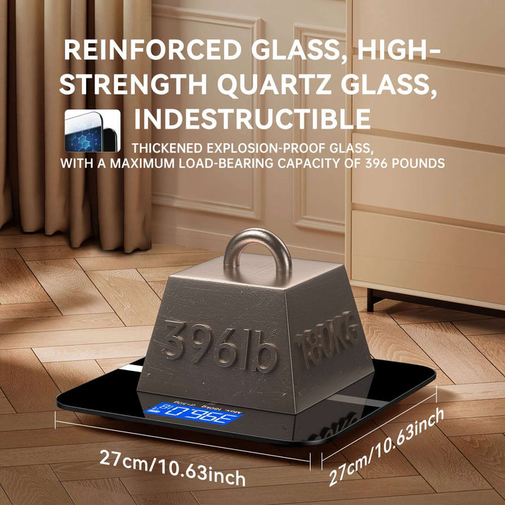 High-precision digital bathroom scale displaying a weight of 396 lb with indestructible glass design.