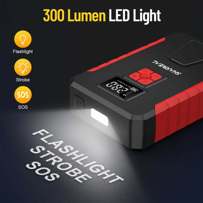 300 Lumen LED light on portable car jump starter with flashlight, strobe, and SOS features.