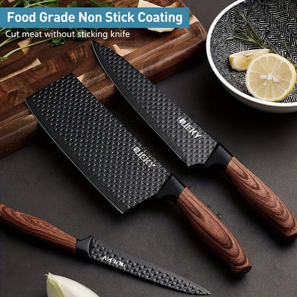 Professional kitchen knife set featuring food grade non stick coating for easy meat cutting and preparation.