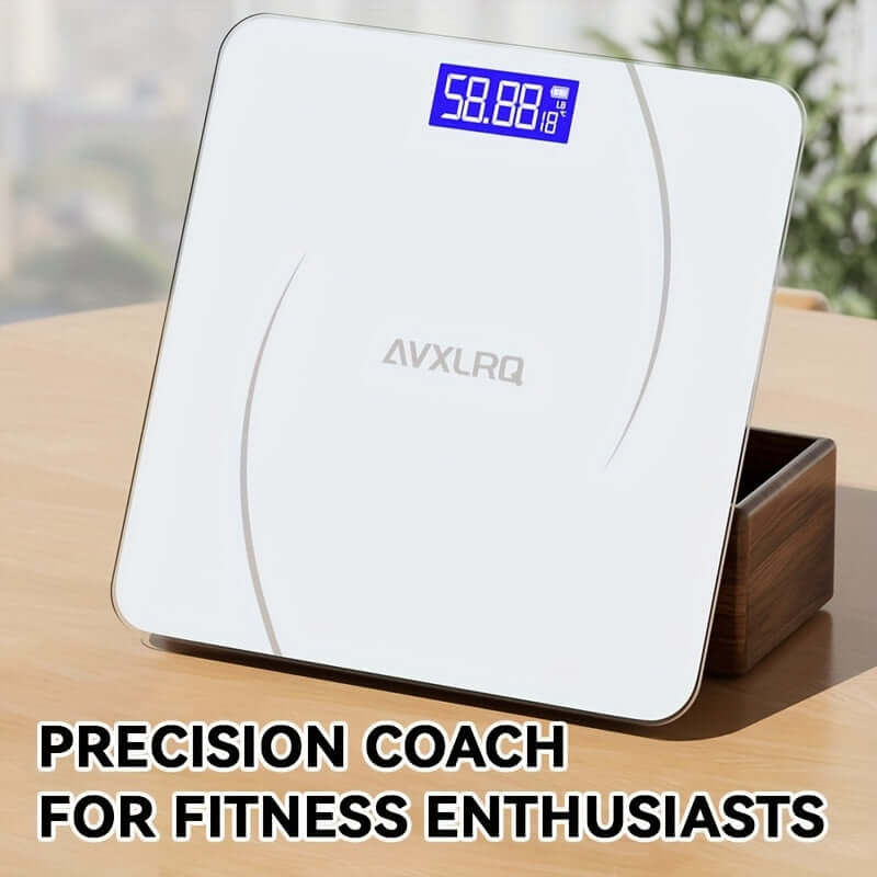 High-precision digital bathroom scale displayed on a wooden table with a clear digital readout.