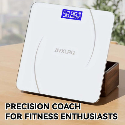 High-precision digital bathroom scale displayed on a wooden table with a clear digital readout.