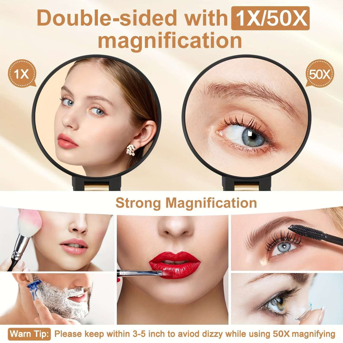 50x magnifying handheld mirror displaying double-sided magnification features and strong magnification tips.