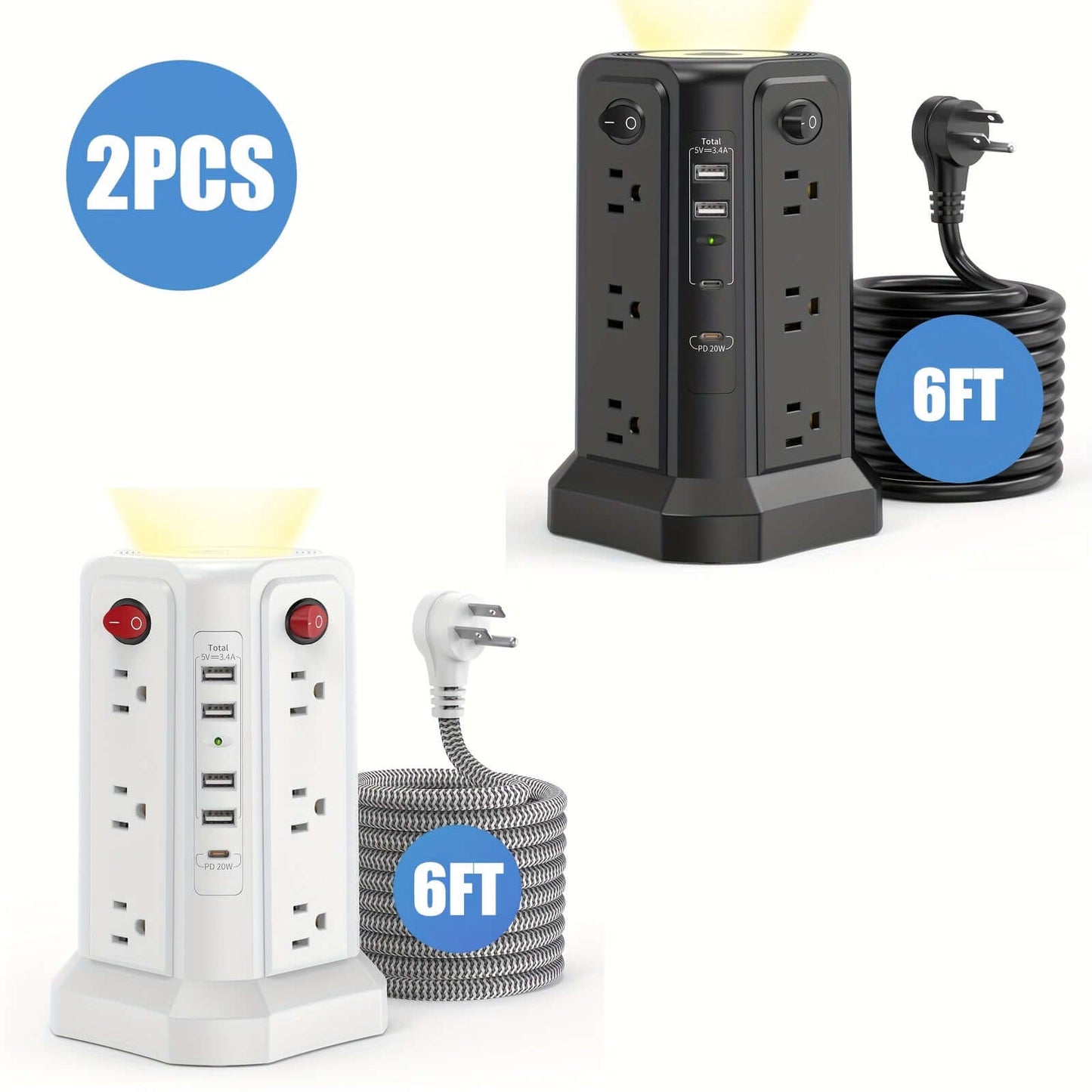 Flat plug power board with USB ports, 2PCS design, 6FT cord, modern and stylish for efficient power distribution.