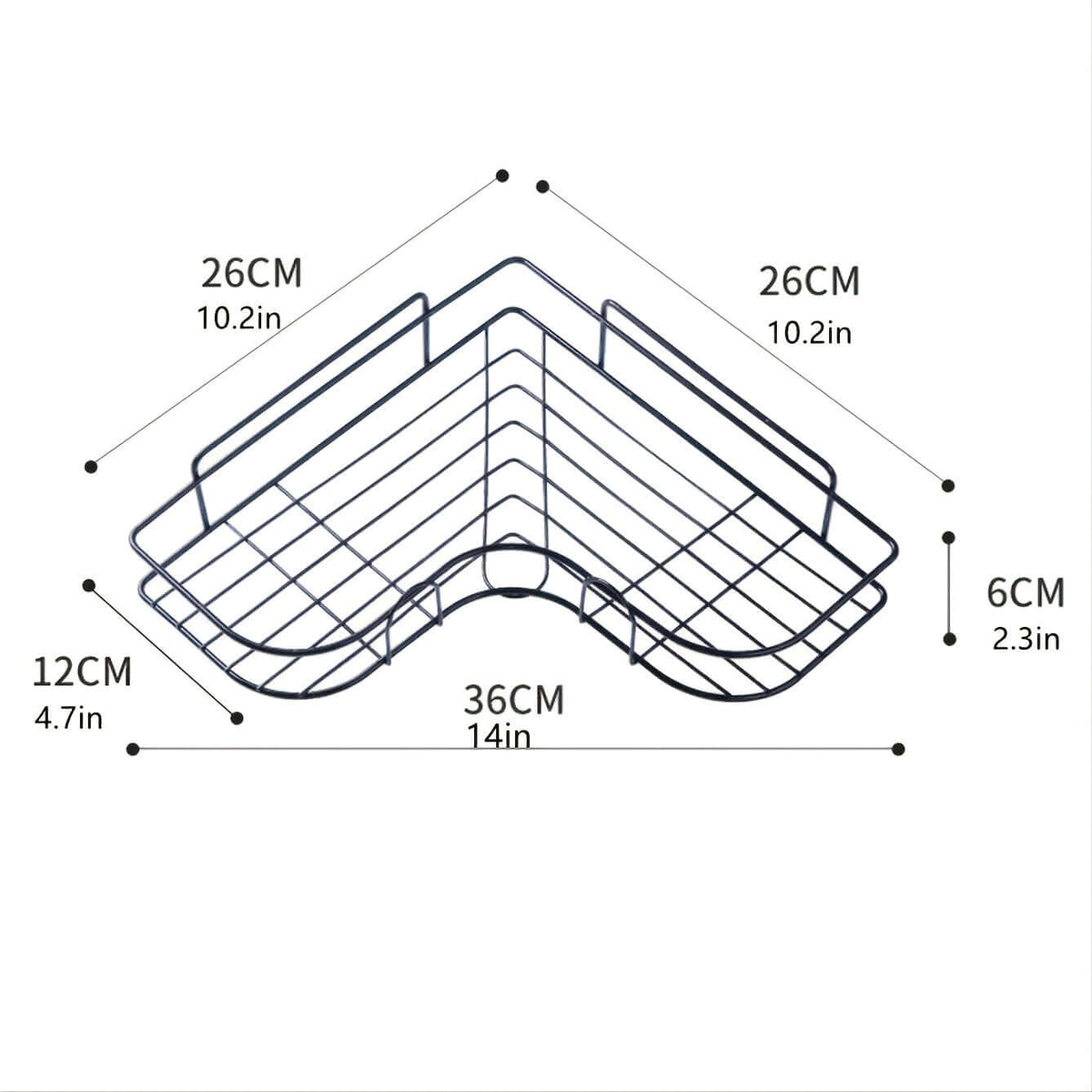 Dimensions of a cast iron shower shelf showing 26CM width and 36CM length for corner installation.