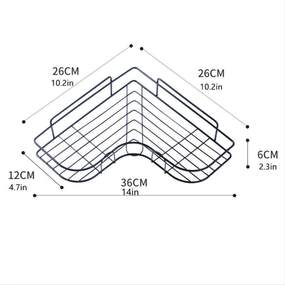 Dimensions of a cast iron shower shelf showing 26CM width and 36CM length for corner installation.