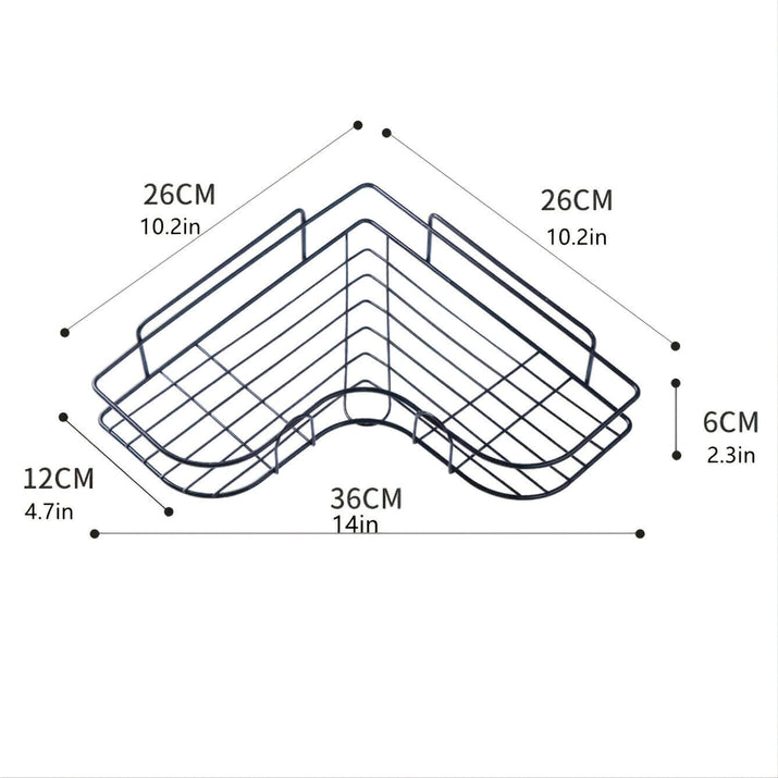 Dimensions of a cast iron shower shelf showing 26CM width and 36CM length for corner installation.