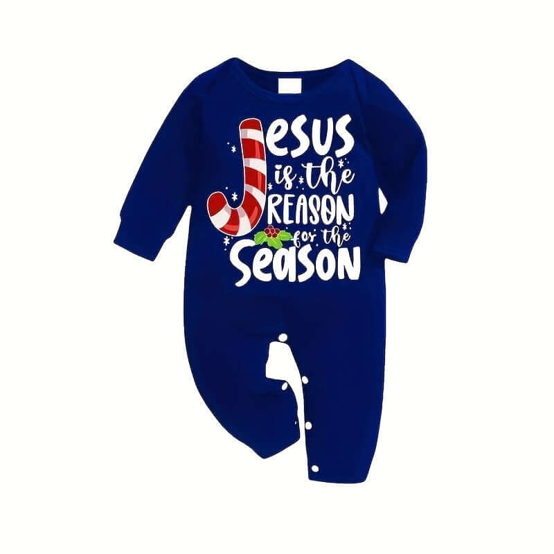Jesus is the reason for the season blue baby onesie with candy cane design.