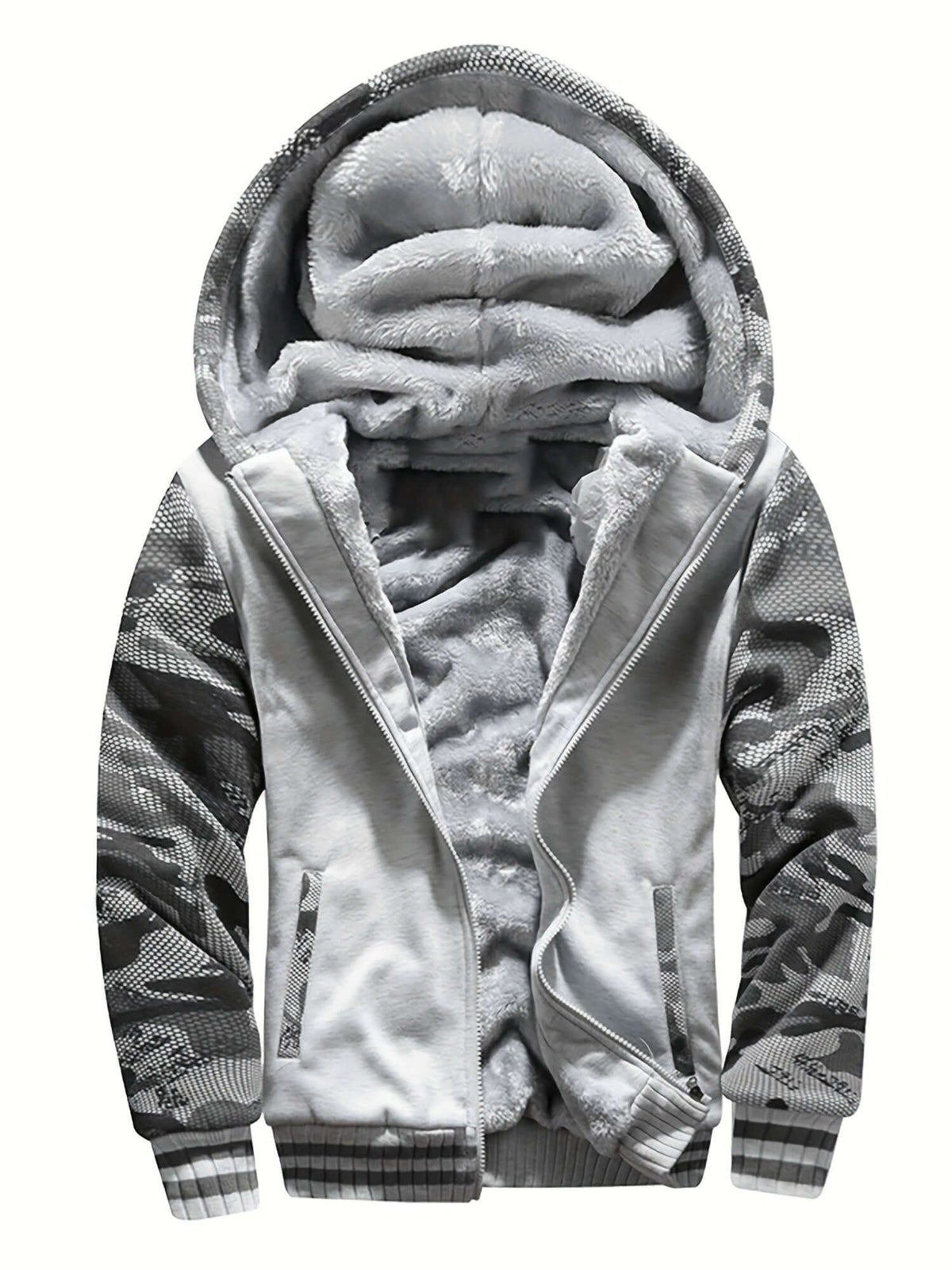 men's hooded jacket specifications featuring a soft fur lining and stylish patterned sleeves.