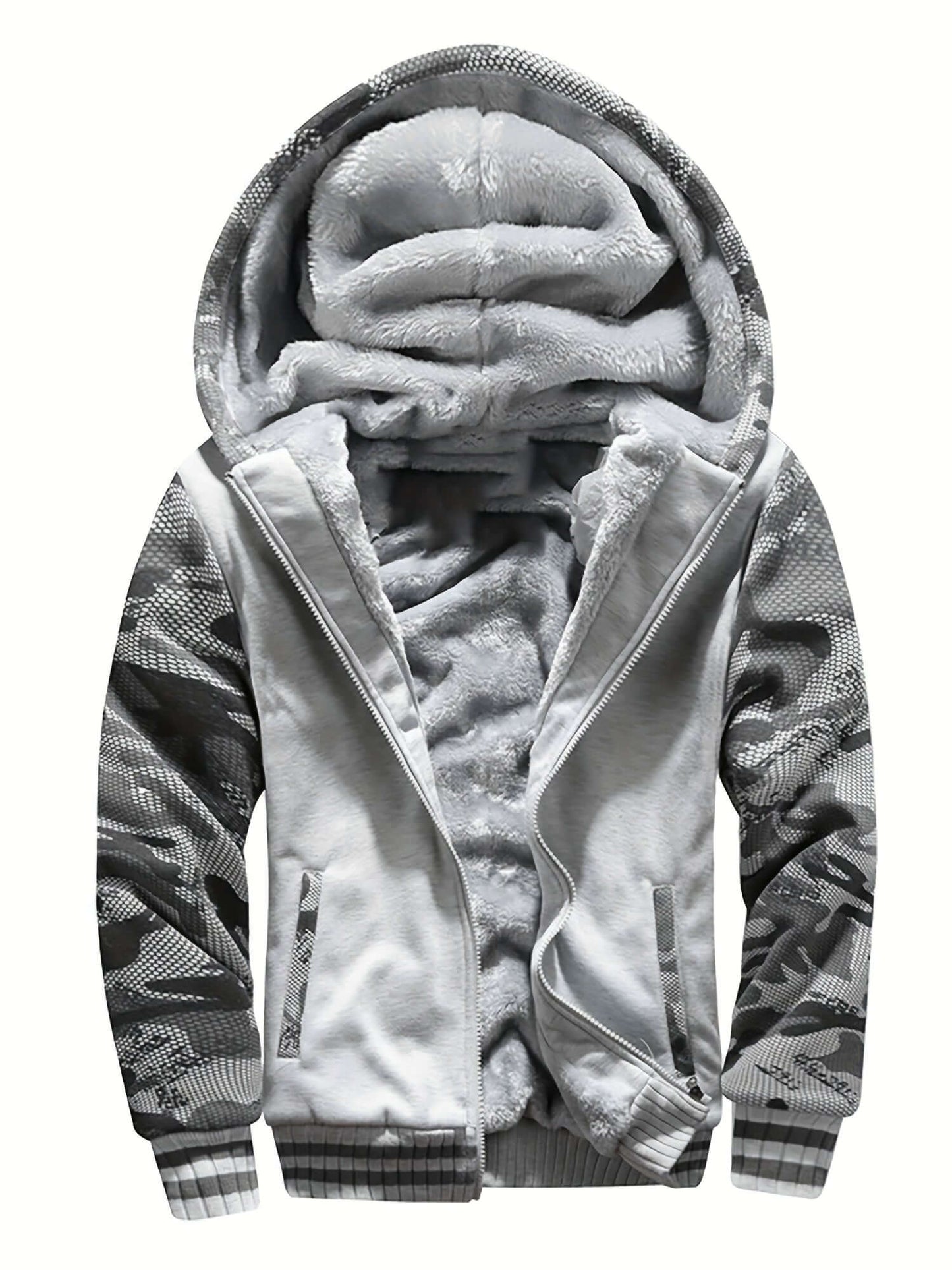 men's hooded jacket specifications featuring a soft fur lining and stylish patterned sleeves.