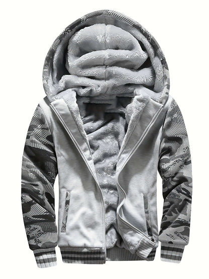 men's hooded jacket specifications featuring a soft fur lining and stylish patterned sleeves.