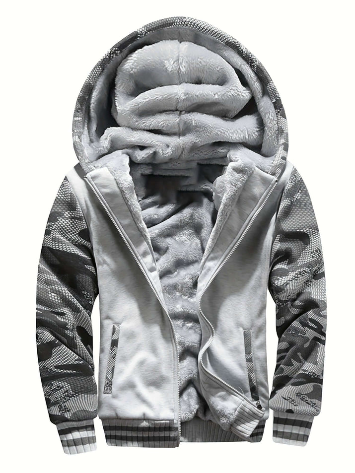 men's hooded jacket specifications featuring a soft fur lining and stylish patterned sleeves.