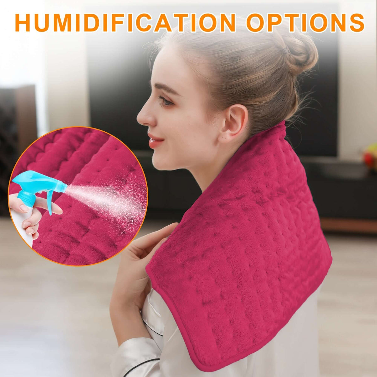 Woman using extra large electric heating pad with humidification options for relief and comfort.
