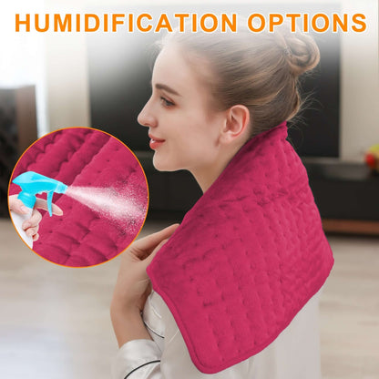 Woman using extra large electric heating pad with humidification options for relief and comfort.