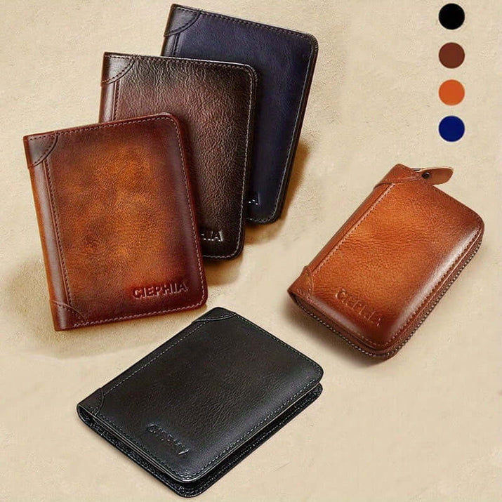 RFID leather wallet for men in various colors displayed on a light background.