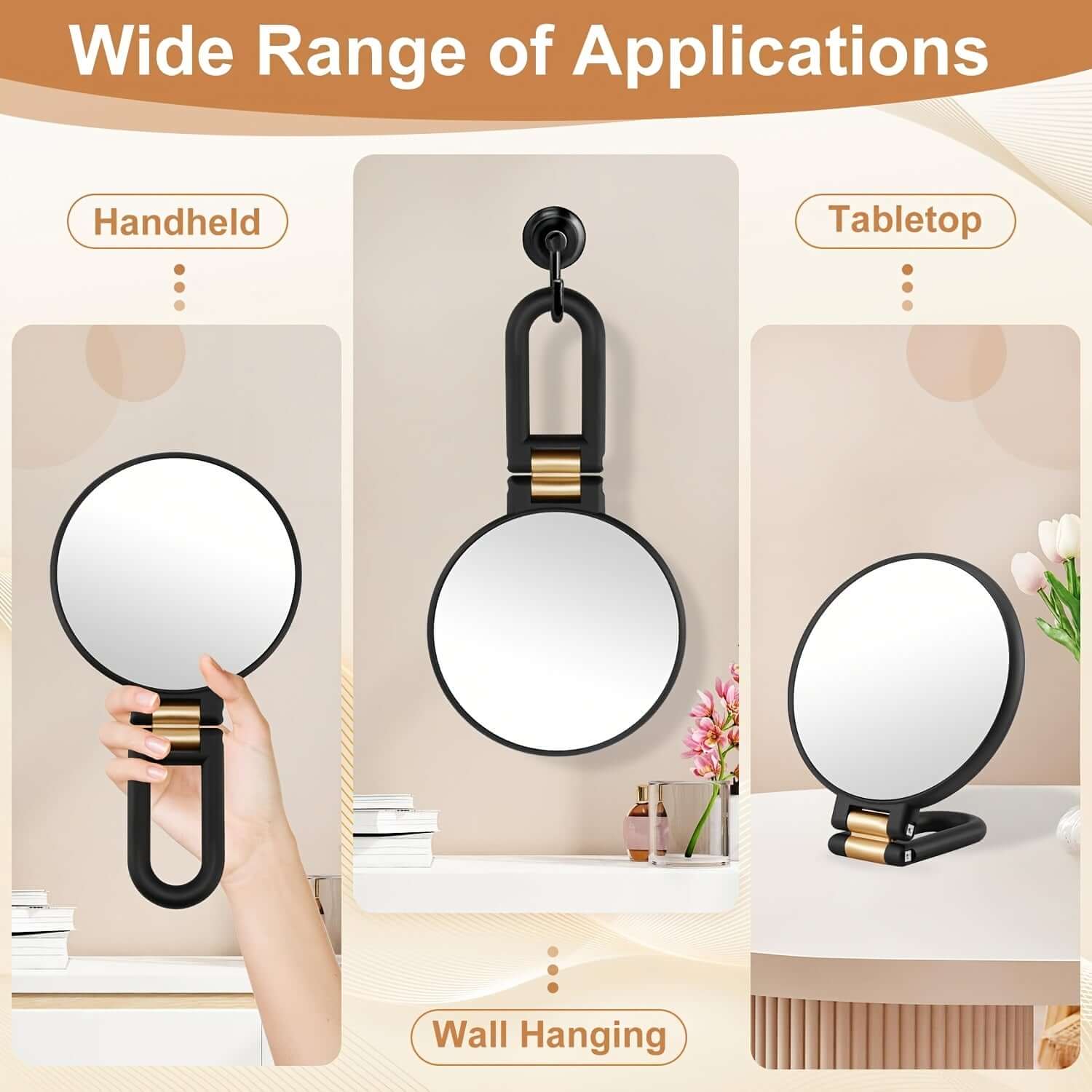50x magnifying handheld mirror demonstrating its wide range of applications including handheld, tabletop, and wall hanging uses.