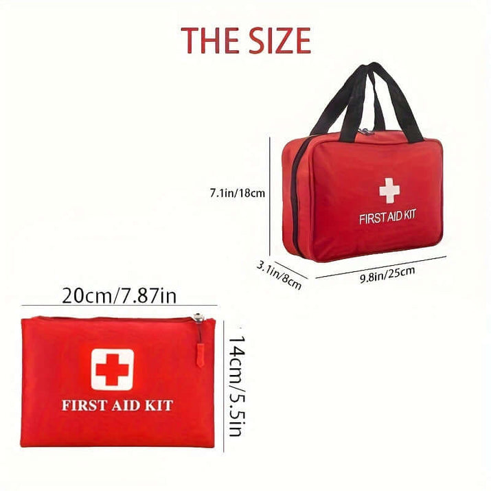 Size dimensions of a portable first aid kit for outdoor activities, showing measurements in cm and inches.