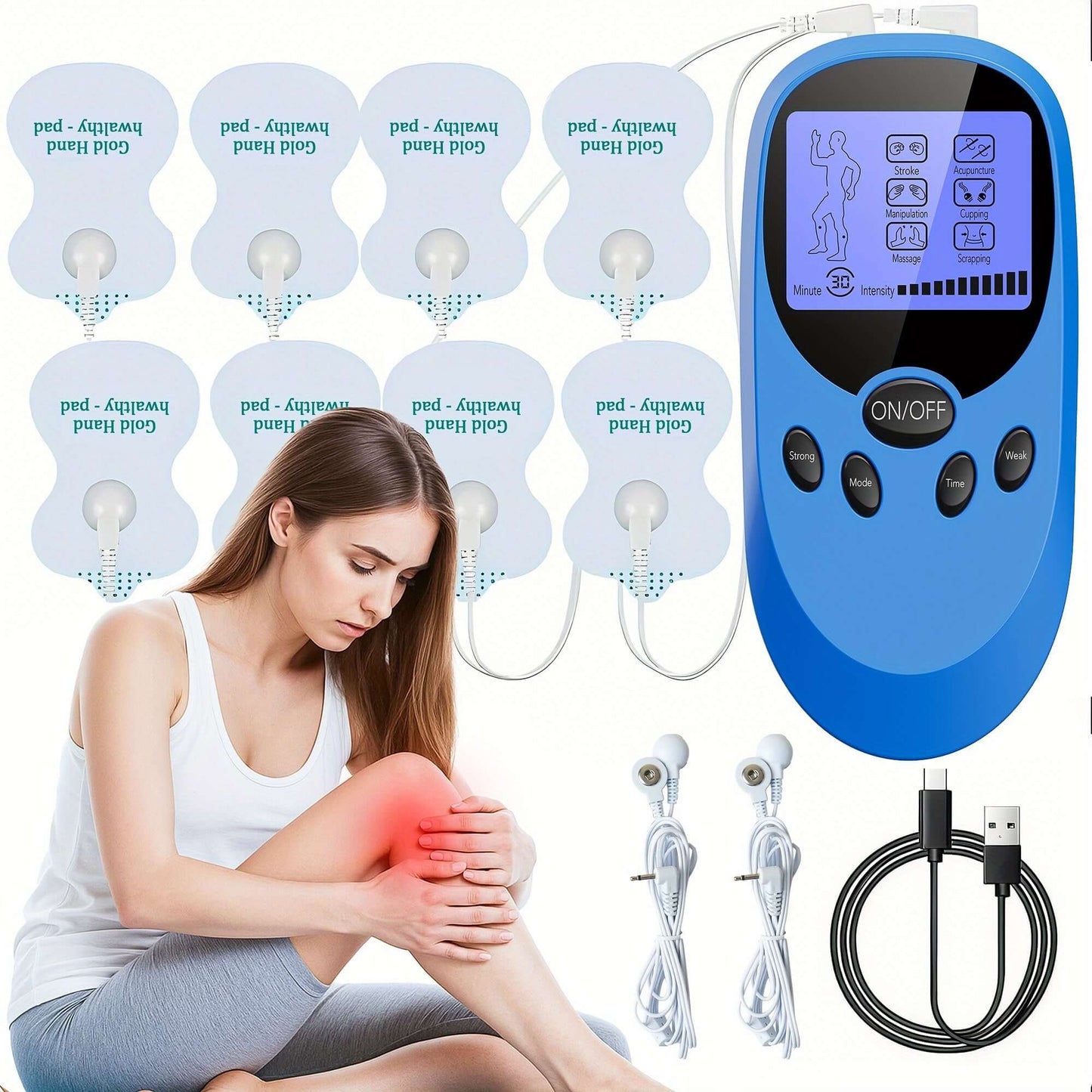 CESLIFF TENS EMS muscle stimulator with pads, remote control, and cables, assisting with muscle pain relief.