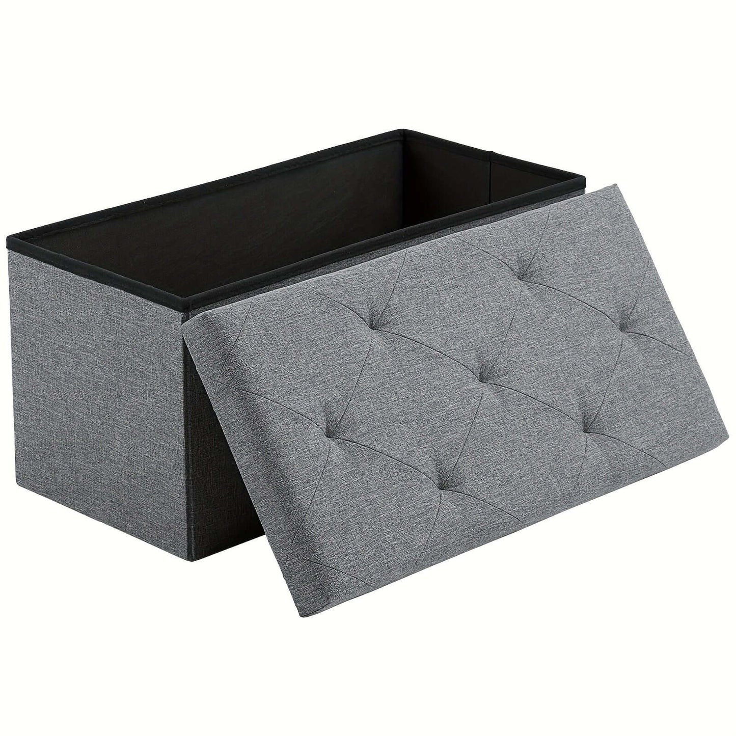 storage ottoman bench with a tufted gray fabric design and an open lid for storage.