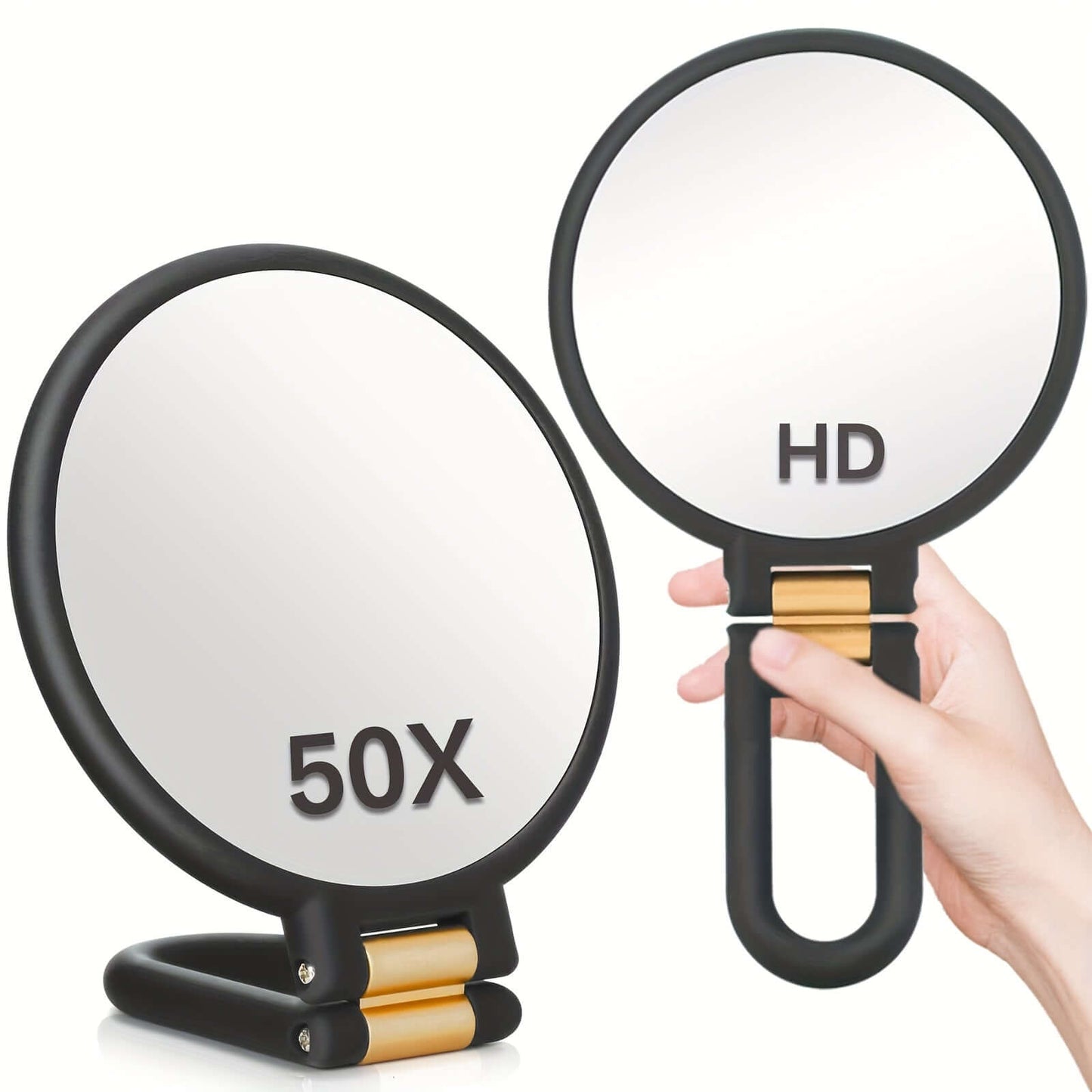 50x magnifying handheld mirror showing both sides with HD and 50X magnification features.