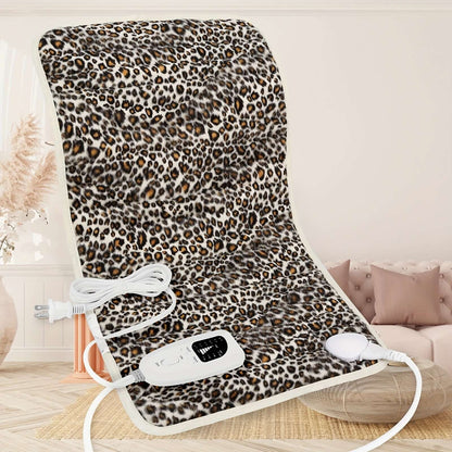 Extra large electric heating pad in leopard print design, featuring control unit and power cord.