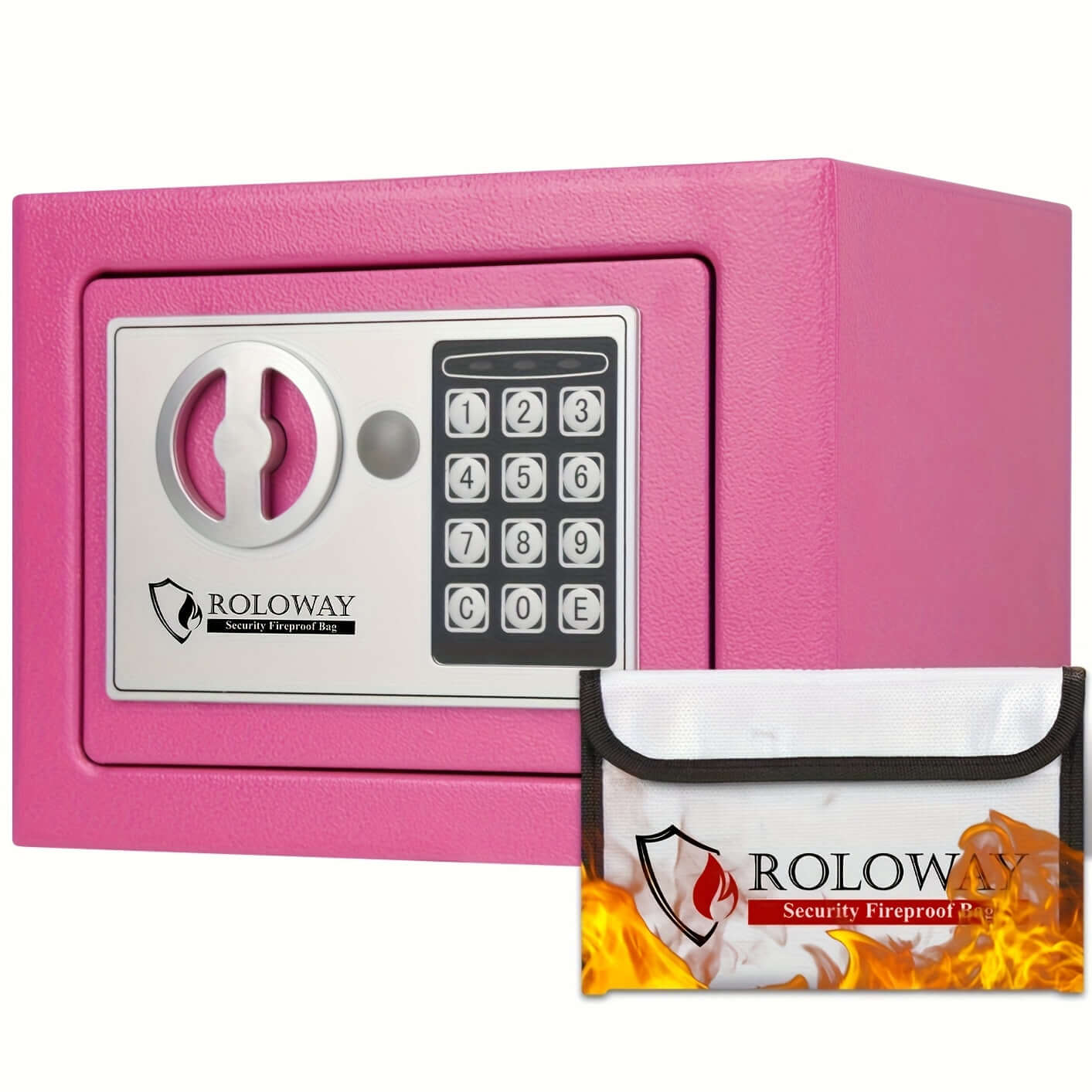 heavy-duty fireproof safe with keypad in pink color.