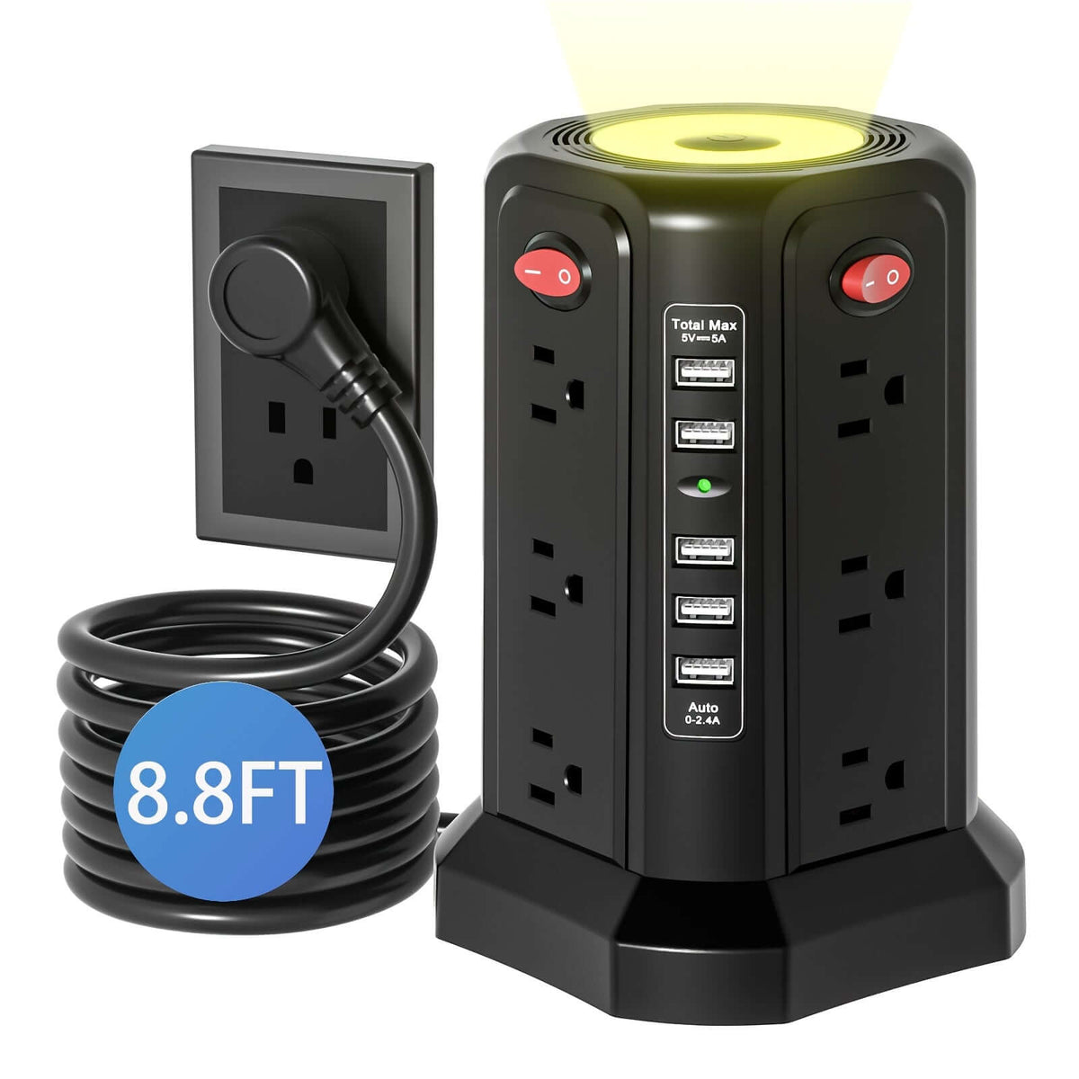 Flat plug power board with USB ports featuring 8.8FT extension cord and multiple outlets.