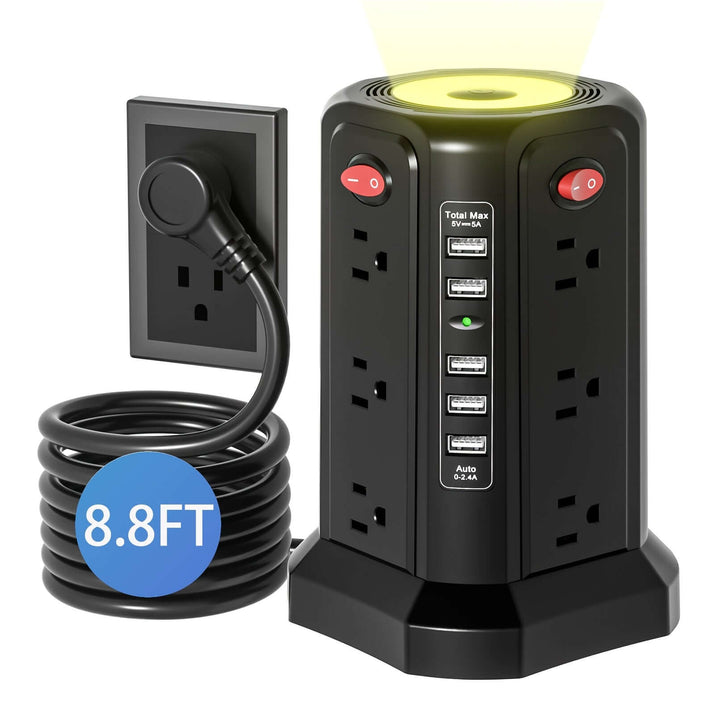 Flat plug power board with USB ports featuring 8.8FT extension cord and multiple outlets.