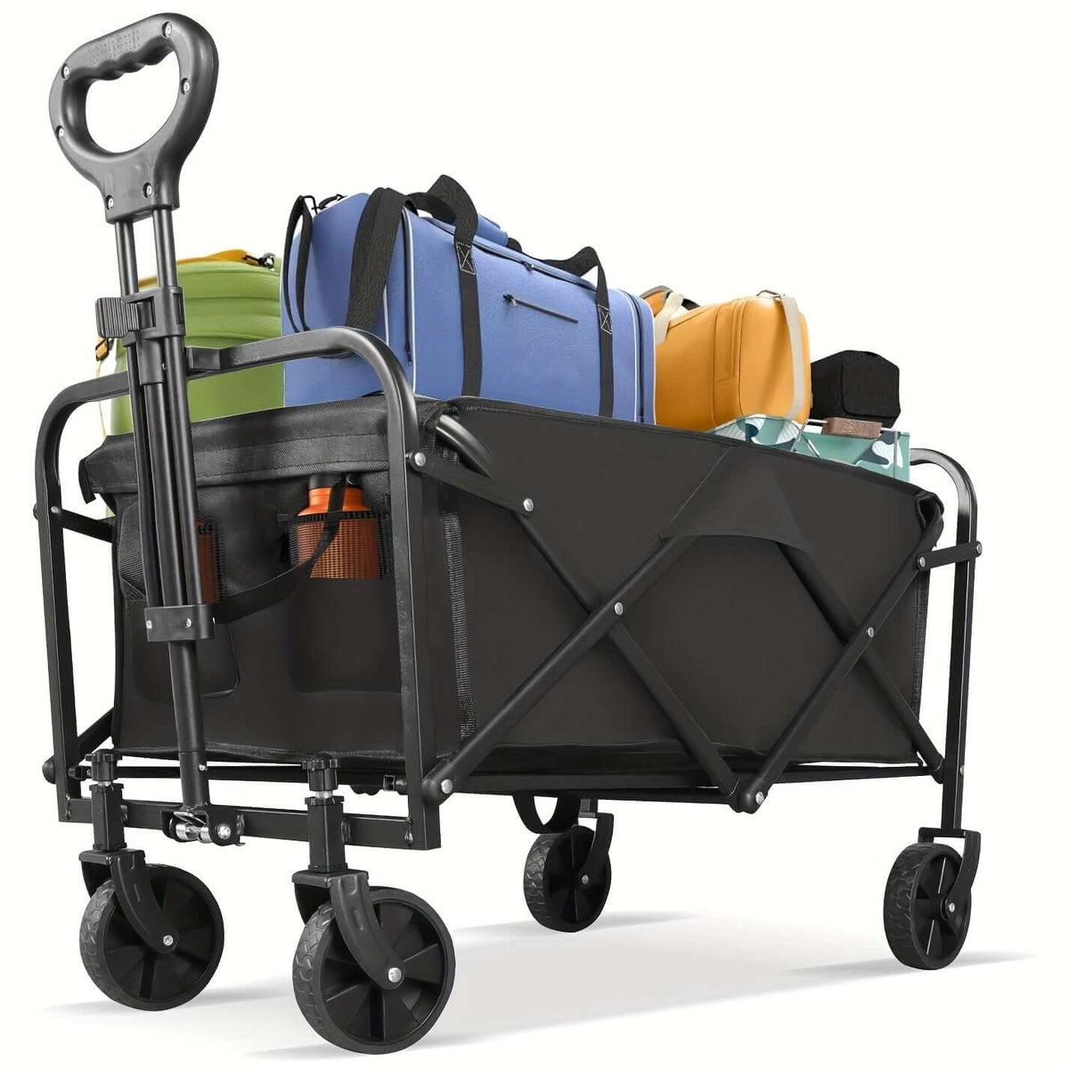 heavy duty folding cart for outdoor use filled with various colorful bags and luggage on wheels