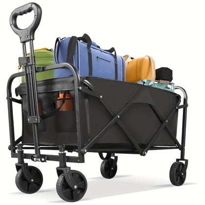 heavy duty folding cart for outdoor use filled with various colorful bags and luggage on wheels