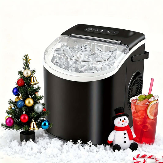 Portable ice maker with handle next to a Christmas tree and a drink, showcasing holiday vibes.