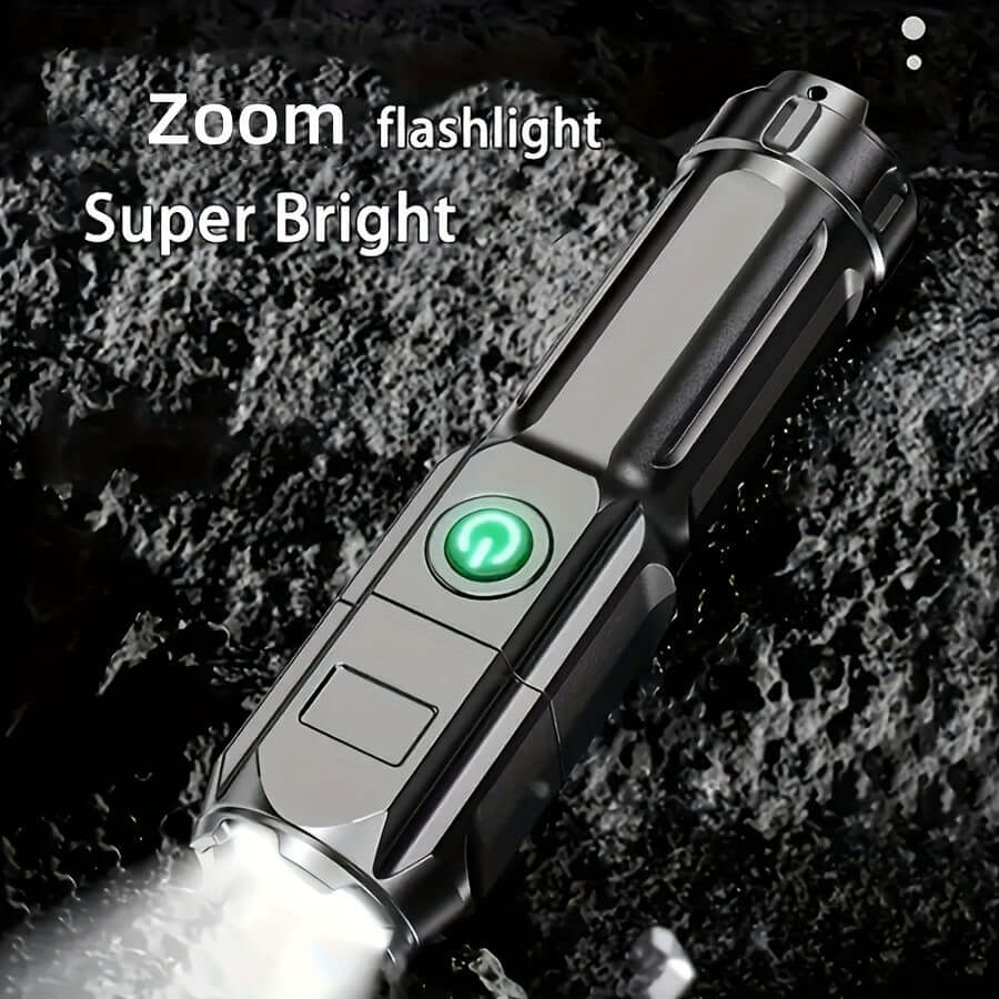 High-power zoom flashlight showcasing super bright lighting on a textured surface.