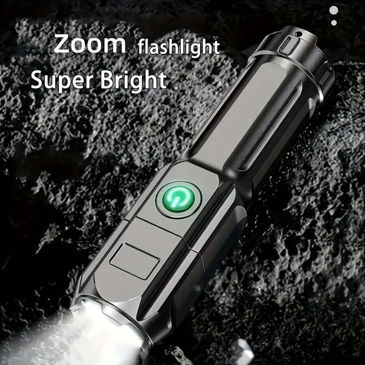 High-power zoom flashlight showcasing super bright lighting on a textured surface.