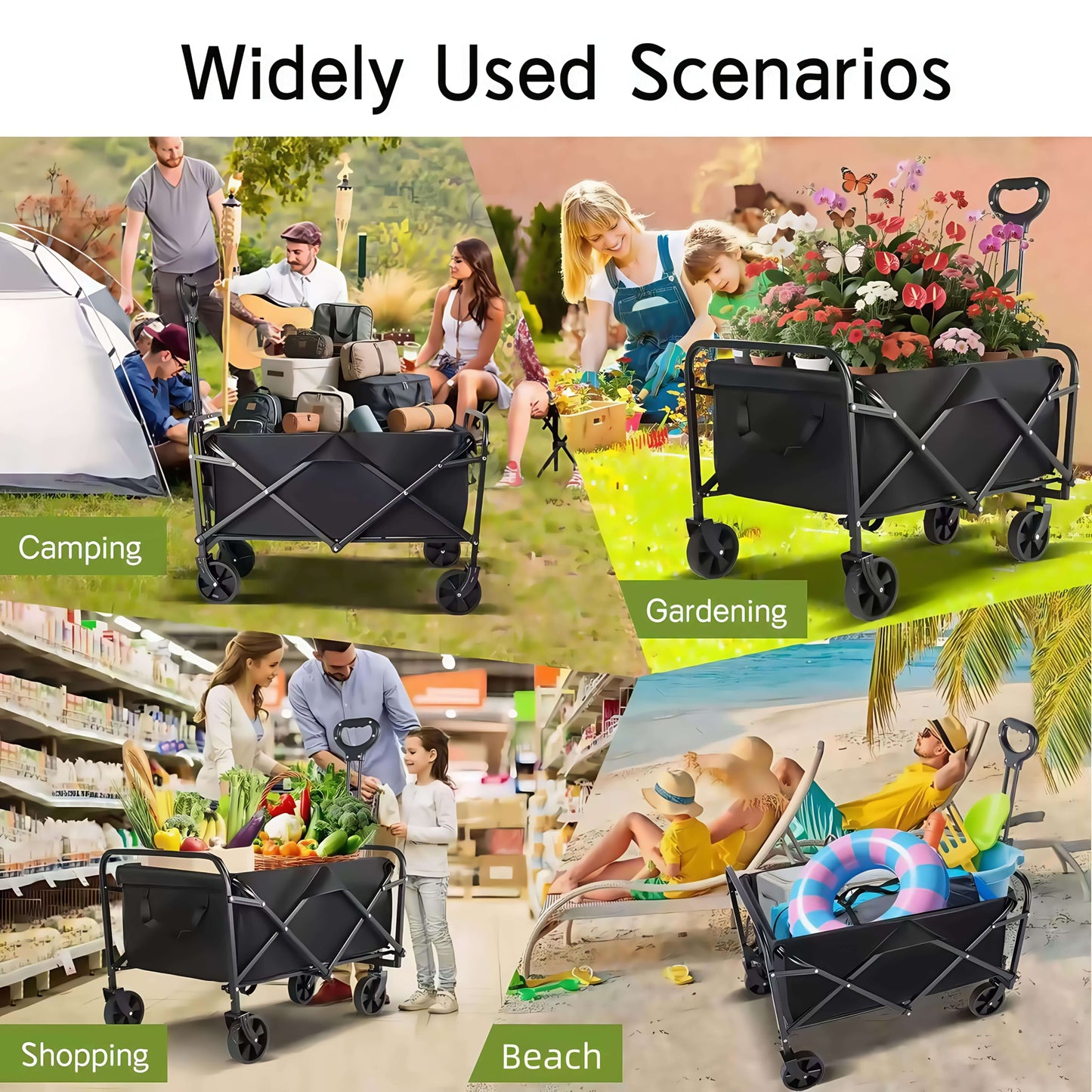 Heavy duty folding cart for outdoor use in various scenarios: camping, gardening, shopping, and beach activities.