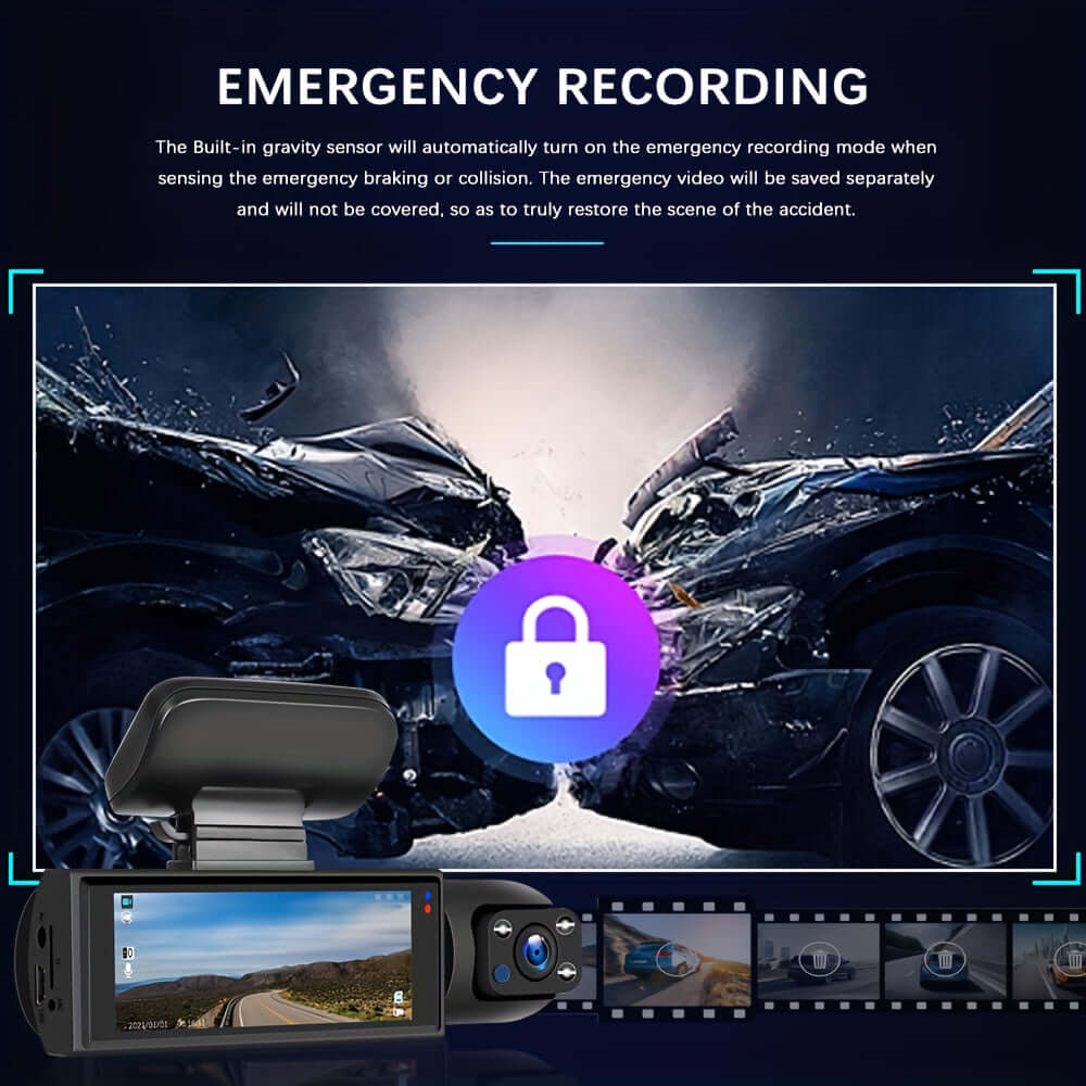 Dual camera dash cam displaying emergency recording feature with accident scene imagery.