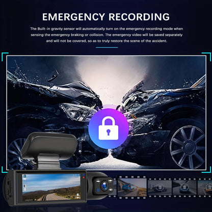 Dual camera dash cam displaying emergency recording feature with accident scene imagery.