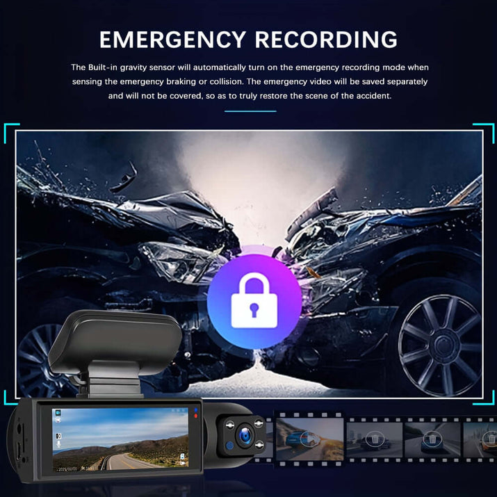 Dual camera dash cam displaying emergency recording feature with accident scene imagery.