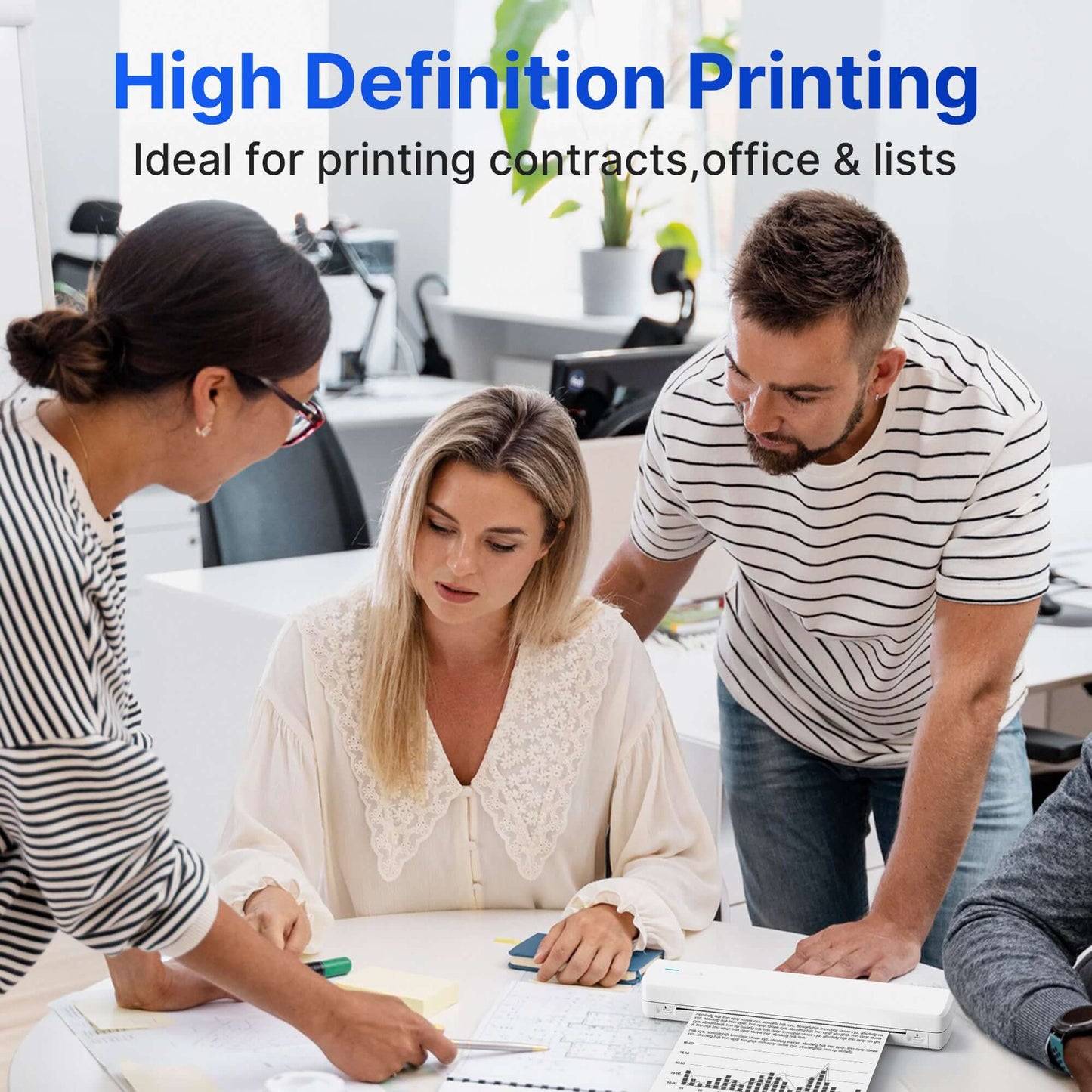 High definition printing, ideal for printing contracts, office documents and lists, showcasing professionals collaborating.