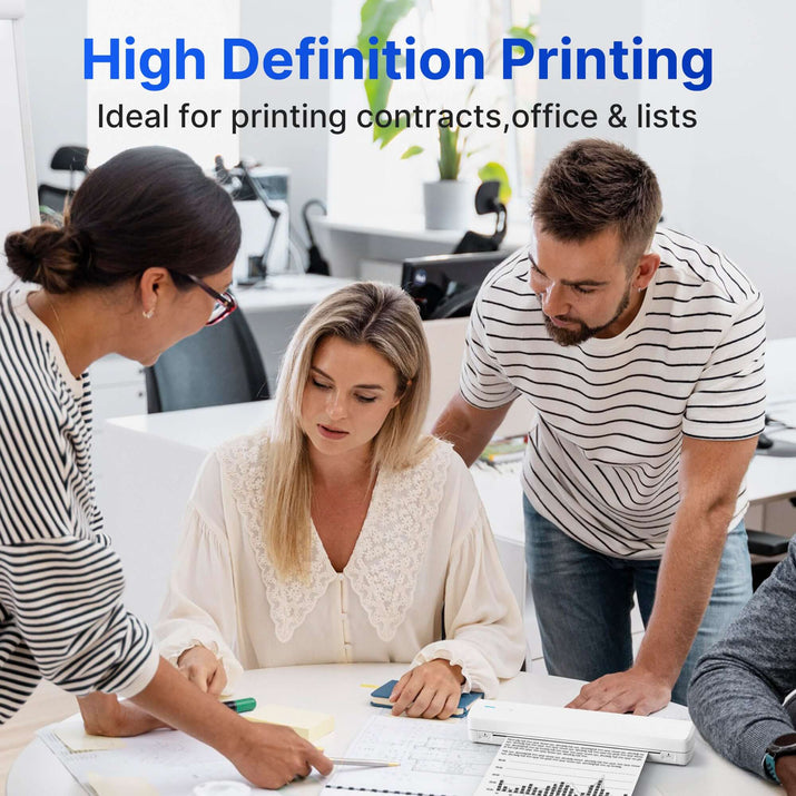 High definition printing, ideal for printing contracts, office documents and lists, showcasing professionals collaborating.