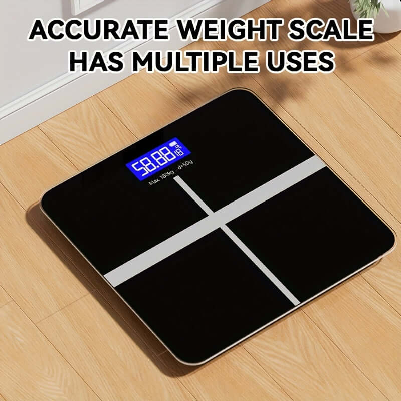 high-precision digital bathroom scale with accurate weight display and multiple uses on a wooden floor